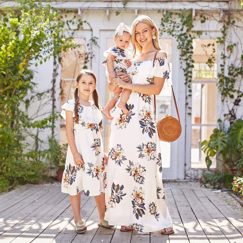 PopReal Mommy and Me Dresses Floral Printed Chiffon Bowknot Ruffles Short Sleeve Beach Mom Daughter Matching Outfits - Image 2